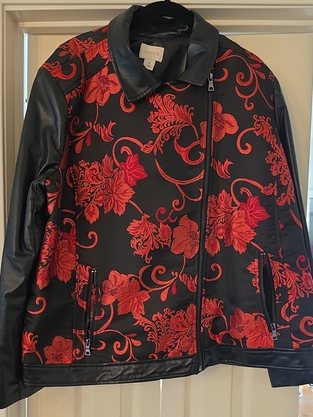 Chico's Black Jacket with Red Floral Embroidery